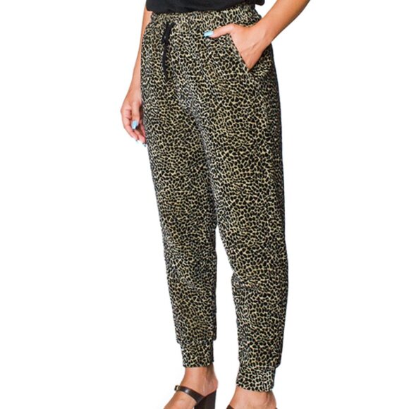 NWT 6397 Leopard Print Velour Sweatpants Size Small Black Tan Lounge Pants - Picture 2 of 9